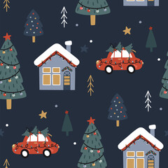 Fototapeta premium Christmas seamless pattern. Cute festive background. Vector illustration. Holiday endless texture.