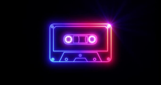 Neon cassete tape animation - vintage.Musical disco.Music from the 80s.