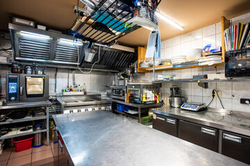 Interior of large kitchen of modern restaurant equipped with necessary supplies