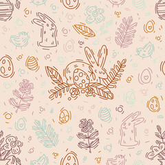 Seamless vector pattern from colored outlines for Easter. Hand drawn doodle illustration with hares, chickens, eggs and plants