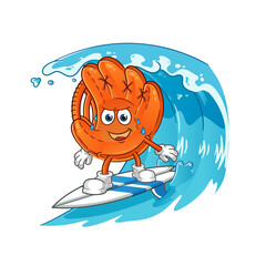 baseball glove surfing on the wave character. cartoon mascot vector
