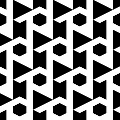 Seamless pattern. Triangles, hexagons, figures ornament. Folk wallpaper. Ethnic motif. Simple shapes background. Geometric backdrop. Digital paper, textile print, web design, abstract.
