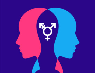 transgender fusion of man and woman. sex change of a person. flat vector illustration. - obrazy, fototapety, plakaty