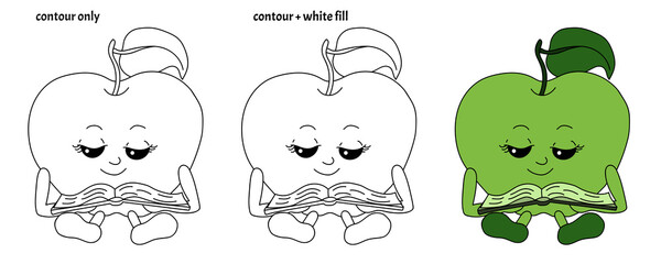 Set of funny smiling kawaii apples reading book in doodle style. Isolated colored cartoon vector illustration	