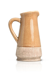 Empty brown ceramic jug for flowers with handle on white isolated background