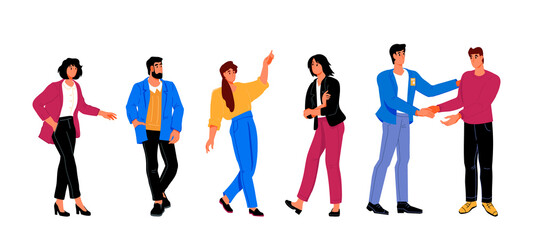 Group of business and office people communicating and shaking hands, flat vector illustration isolated on white background. The business team or company management cooperation and collaboration.