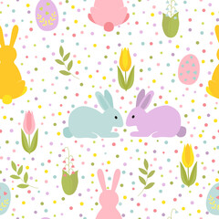  Cartoon Easter bunnies and eggs with sprigs tulips. Seamless colorful vector pattern in flat style on a white background with multicolored polka dots.