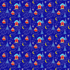 Pattern with funny owl and house and christmas trees
