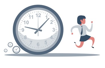 Concept of missing deadline, bad time management. Scene of tired, nervous, stressed female at work. Sad businesswoman running away from a big clock . Big fail. Flat vector cartoon illustration