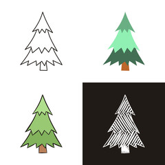 Fototapeta premium Christmas tree icons set isolated on white background. Hand-drawn contour icon in doodle style, flat and chalk on a black board. Vector illustration for nature design.