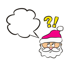Pensive Santa emoji with speech bubble and a question mark. Christmas Cartoon Labels and stickers. Vector illustration