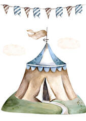 Cute tent hand drawn watercolor cartoon circus isolated illustration on white background