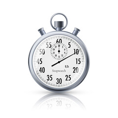 Stopwatch in realistic style. Classic metal stopwatch with reflection. Vector illustration