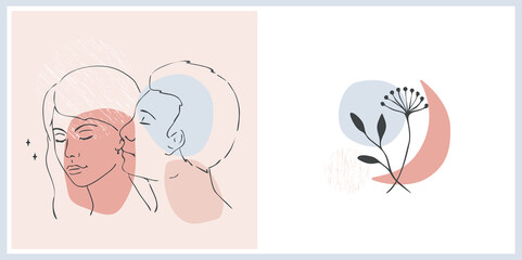 Vector illustration of a guy kissing a girl in the ear,linear design.Creative freehand composition in contemporary abstract style.