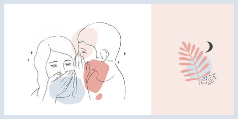 Vector illustration of a guy talking in the girl's ear a secret,linear design..Creative freehand composition in contemporary abstract style.