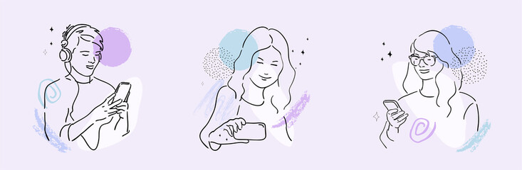 Vector illustration of a young girl looking at a phone.Linear design of a young girl taking a selfie.Linear silhouette of a young guy listening to music.