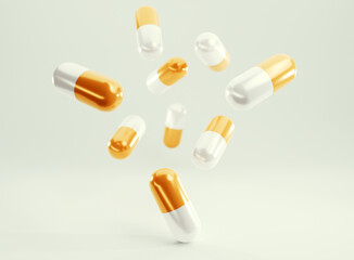 Falling therapeutic capsules 3d render illustration