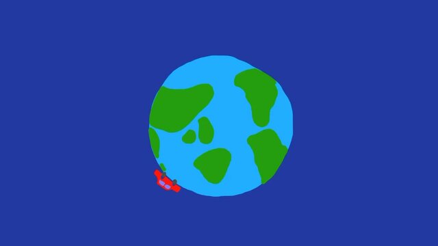 Car driving, traveling around spinning planet Earth. Hand drawn illustrated animation in cartoon style.