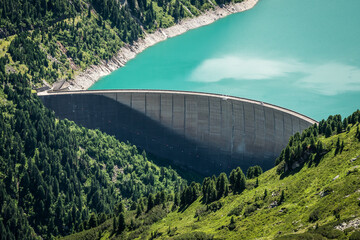 Dam of Schlegeisspeicher in Alps mountains in Zillertal