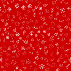 Fototapeta na wymiar New Year seamless vector pattern with Christmas ornament, Santa Claus, snowflake, candy cane, tree, gifts on red background
