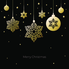 Fototapeta na wymiar Christmas and New Year with golden snowflake and balls on black background. Xmas and New 2021 Year celebration preparation. Vector flat cartoon style. Greeting card, banner, poster