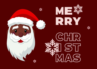 Christmas and New Year background. Dark-skinned Santa Claus. Xmas and New 2021 Year celebration preparation. Vector flat cartoon style. Greeting card, banner, poster