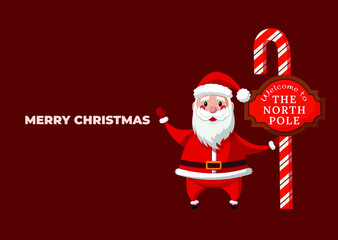 Christmas and New Year background. Santa Claus with candy cane. Xmas and New 2021 Year celebration preparation. Vector flat cartoon style. Greeting card, banner, poster