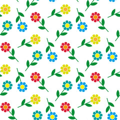 Beautiful bright multicolored flowers isolated on white background. Cute floral seamless pattern. Vector flat graphic illustration. Texture.
