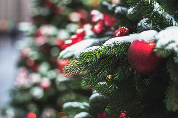 Christmas tree. New Year's toys. Cones, mittens, gloves, bows, balls, garlands. Concept of New...