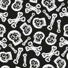 White skulls and crossbones isolated on black background. Cute monochrome seamless pattern. Vector flat graphic hand drawn illustration. Texture.
