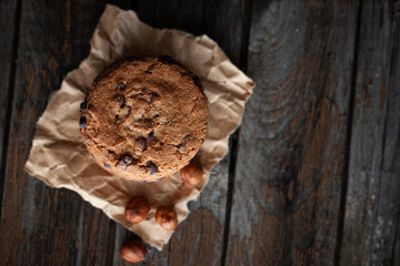 Chocolate cookies on wooden table. Top view.