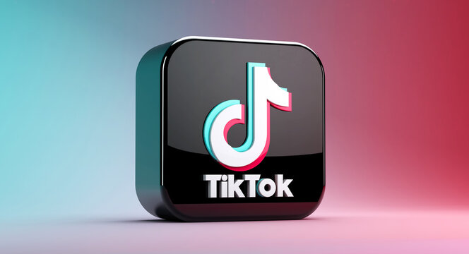 Valencia, Spain - December 2020: 3D rendering of TikTok app icon isolated on a blue and red gradient background. Close-up mockup of Tik Tok application logo. Tiktok is a Social media network for video
