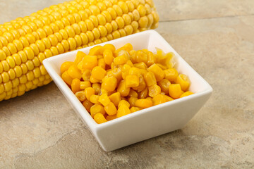 Sweet yellow corn in the bowl