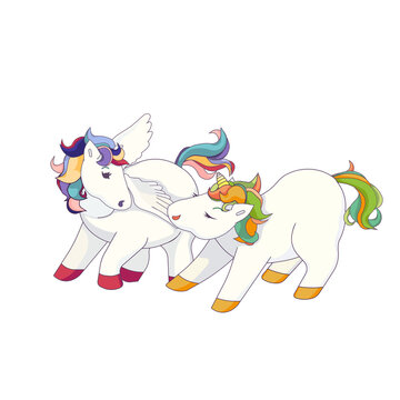 Cute vector Unicorn is pulling Pegasus on white isolated background, isolated Pegasus and Unicorn in Cartoon style outlined flying horse, concept of Magical horses and Fairytales, Friendship.