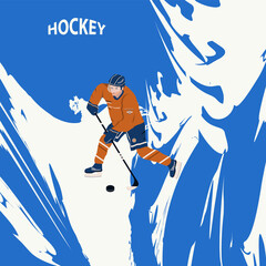 Winter sport. Hockey player with hockey stick, puck - abstract background in grunge style - vector.