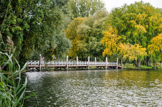 Rotterdam, The Netherlands, October 18, 2020: pedestrian bridge made of seel and wood, connecting islands in the southeast corner of lake Kralingse Plas