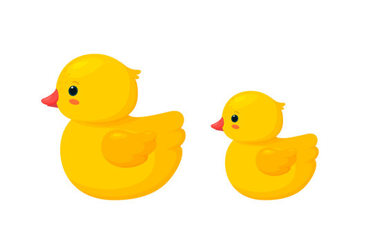 Rubber duck family isolated in white background. Side view of yellow plastic duck toys, parent and baby. Vector illustration in cartoon style