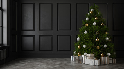 Interior of modern living room with christmas tree 3D rendering