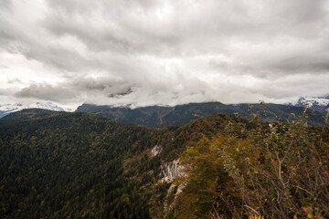 Panorama view to Watzmann mountains in clouds, Berchtesgaden, Bavaria, Germany