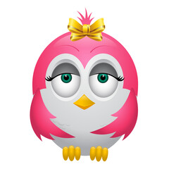 cute, pink bird with a bow on its head. isolated object. Cartoon style. Vector, illustration