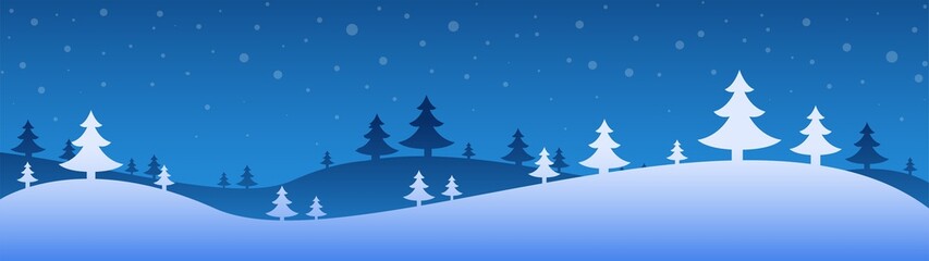 Winter season Panorama landscape with Christmas tree and Snowy Mountains on blue Vector illustration background.