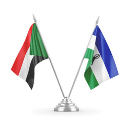 Lesotho and Sudan table flags isolated on white 3D rendering