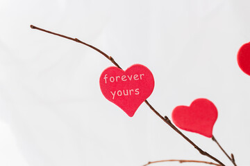 Close up view of red heart above white background.