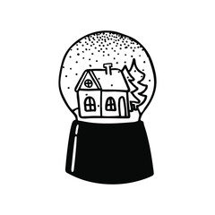 Hand drawn Christmas snow ball vector illustration with house, trees and falling snow. Holiday gift. New year present. Home decoration. Design element for cards, print, poster, sticker, pattern.