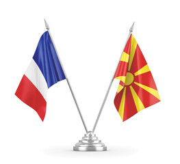 North Macedonia and France table flags isolated on white 3D rendering