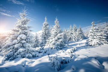 Fototapeta na wymiar Frosty day in snowy coniferous forest. Location place Carpathian mountains, Ukraine.