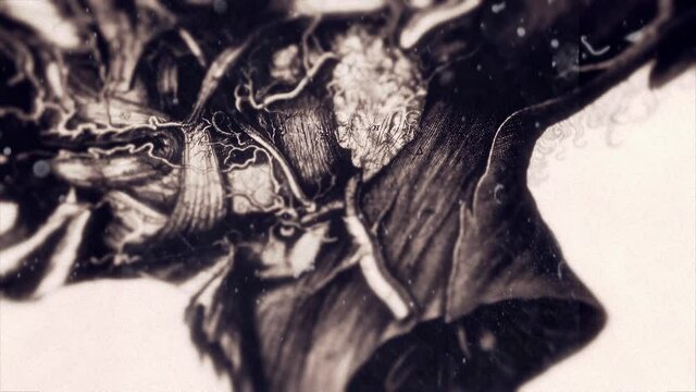 Tilt down of an old medical encyclopedia illustration of a detailed human head.