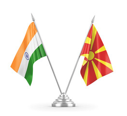 North Macedonia and India table flags isolated on white 3D rendering