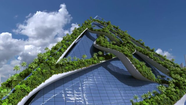 Futuristic "green" city building with a glass pyramid and organically structured terraces covered in vegetation, for environmental architecture backgrounds. 