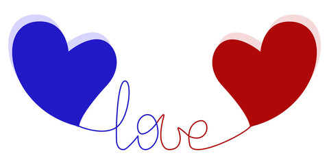 Two hearts in love. Word Jove between red and blue hearts. Vector illustration. Retro style